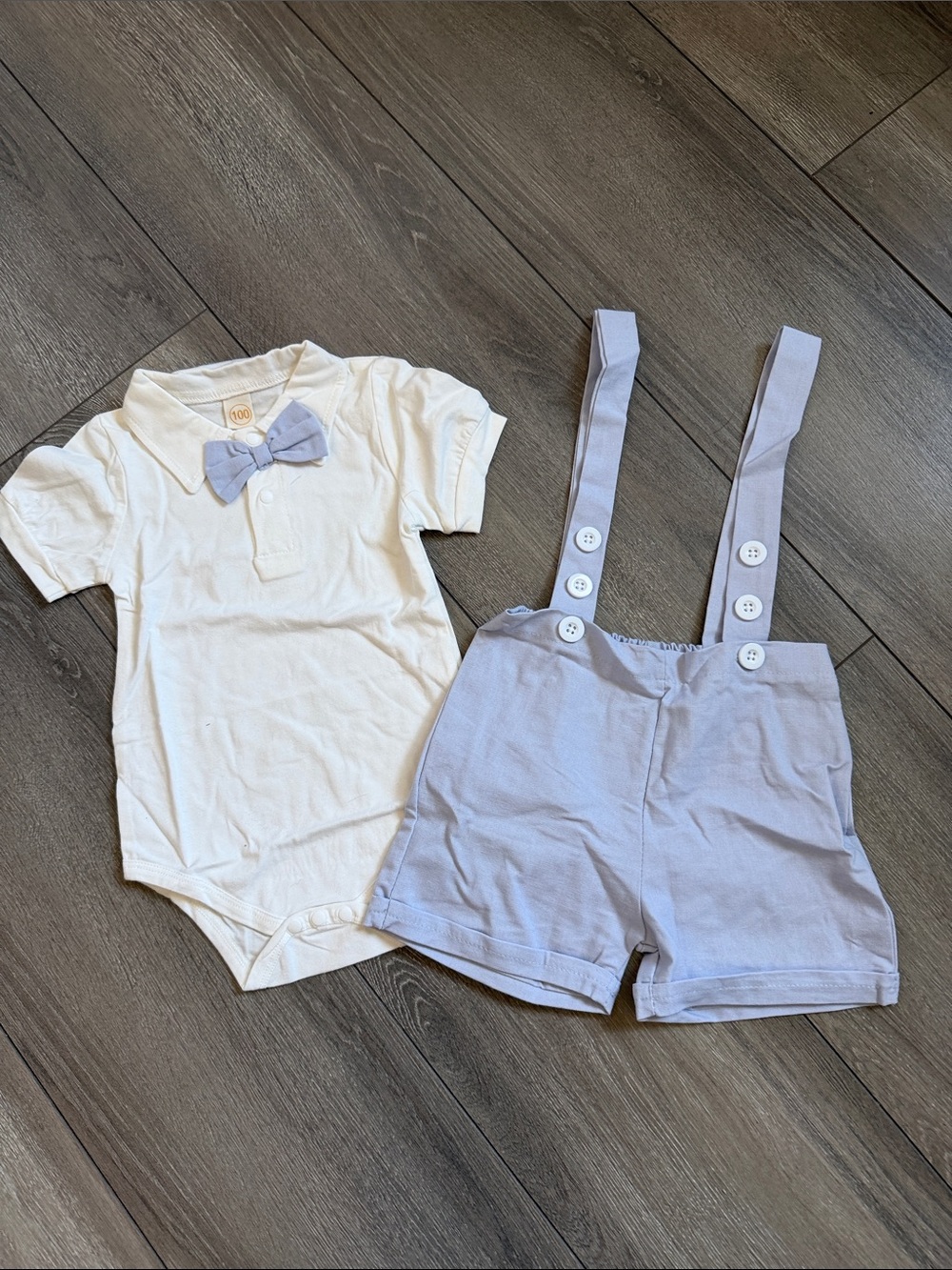 Children's Cream Polo Bodysuit with Light Blue Suspender Shorts Set